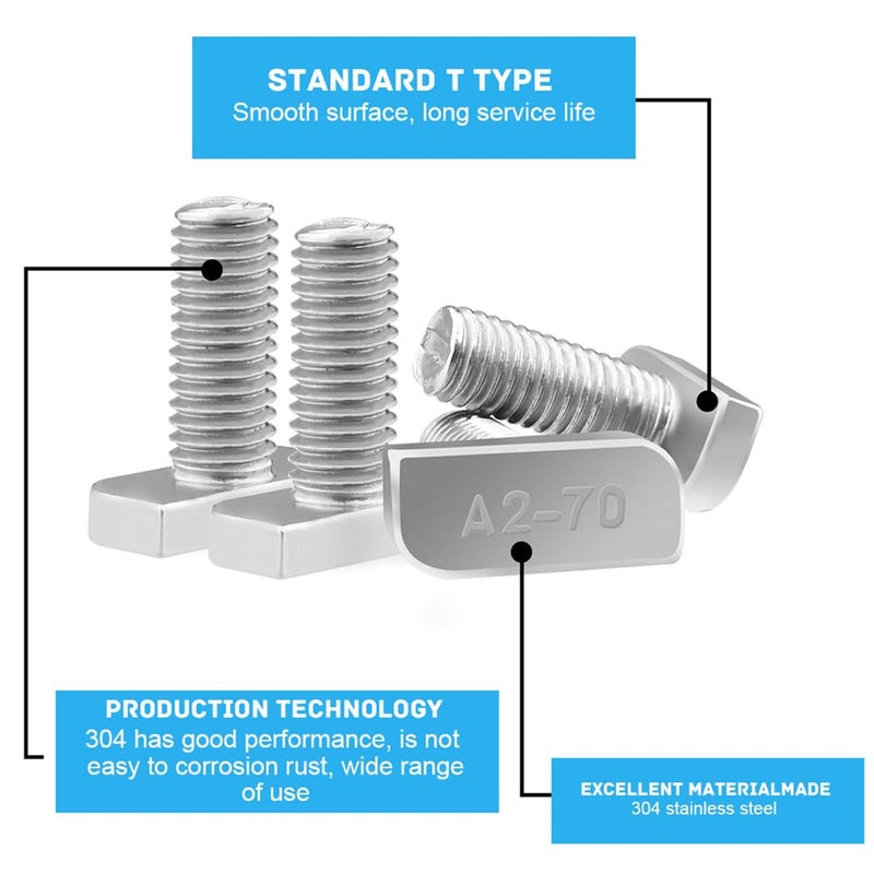 Yeasing T Bolt Set M8x20mm T Slot Drop-in Bolt Hammer Head Bolts T Shape Stud Sliding Screw with 10 Pcs Hexagon Flange Nuts for Aluminum Extrusion Profile Photovoltaic Solar Mounting, sliver - Image 4